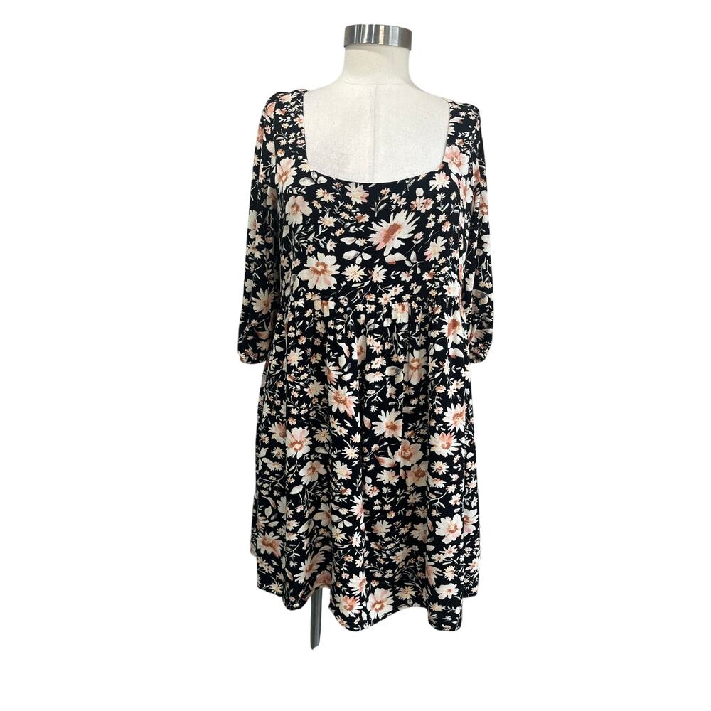 American Eagle‎ Black Floral Square Neck Babydoll Boho Mini Dress Cottagecore M